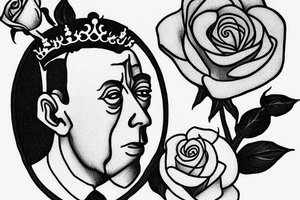 Albert Camus wearing a crown on his head and a rose on his lapel. tattoo idea