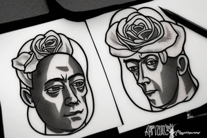 Albert Camus wearing a crown on his head and a rose on his lapel. tattoo idea