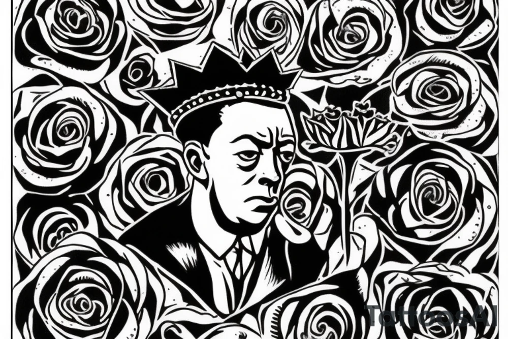 Albert Camus wearing a crown on his head and a rose on his lapel. tattoo idea