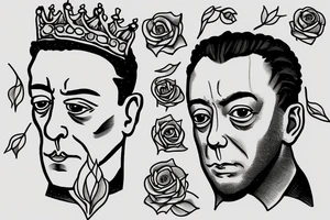 Albert Camus wearing a crown on his head and a rose on his lapel. tattoo idea