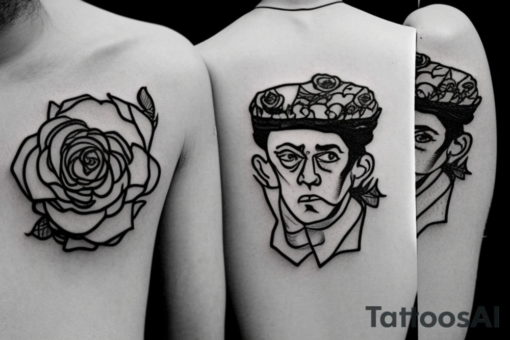 Albert Camus wearing a crown on his head and a rose on his lapel. tattoo idea