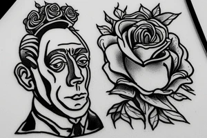 Albert Camus wearing a crown on his head and a rose on his lapel. tattoo idea