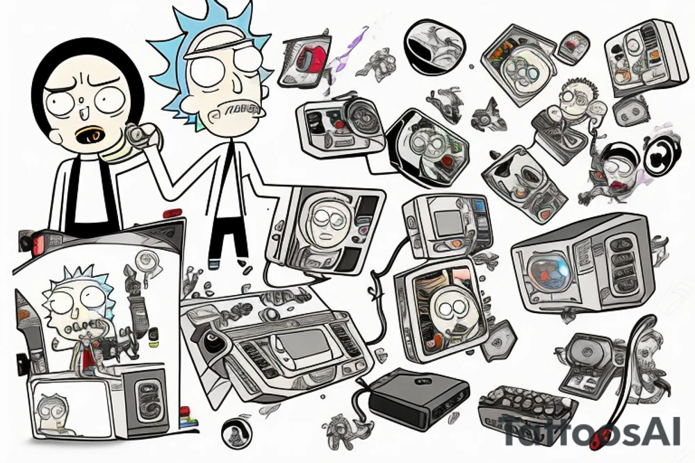 rick and morty playing a video game called "life" tattoo idea