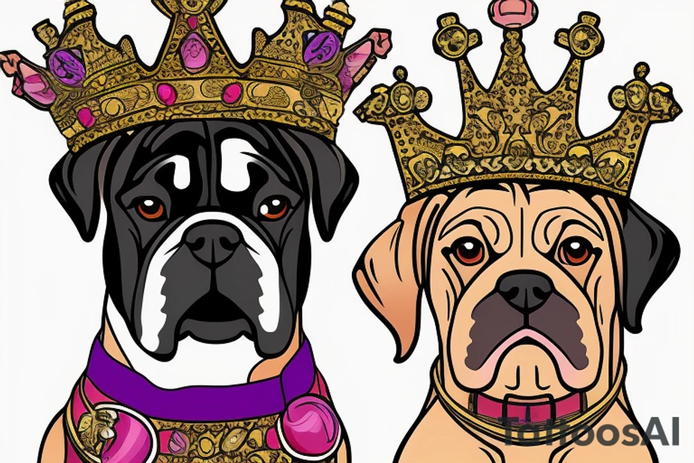 A boxer dog wearing a king’s crown and robe. tattoo idea