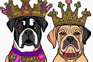 A boxer dog wearing a king’s crown and robe. tattoo idea