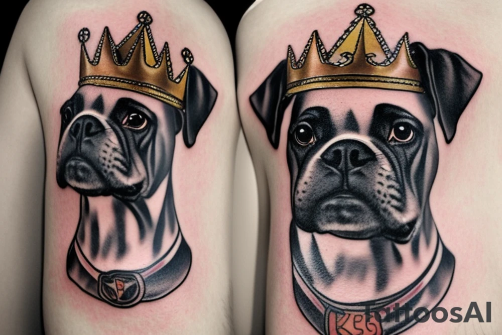 A boxer dog wearing a king’s crown and robe. tattoo idea