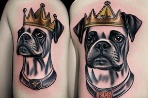A boxer dog wearing a king’s crown and robe. tattoo idea