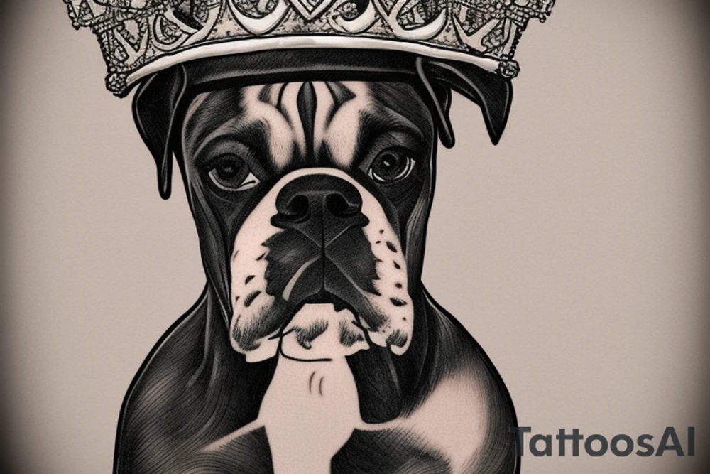 A boxer dog wearing a king’s crown and robe. tattoo idea