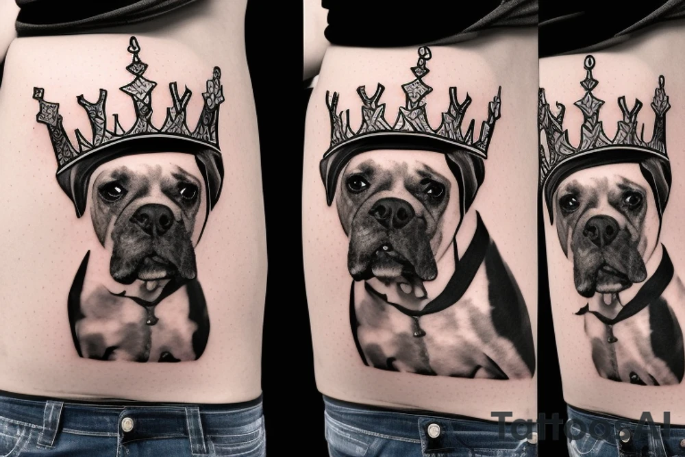 A boxer dog wearing a king’s crown and robe. tattoo idea