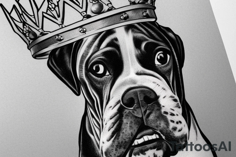 A boxer dog wearing a king’s crown and robe. tattoo idea