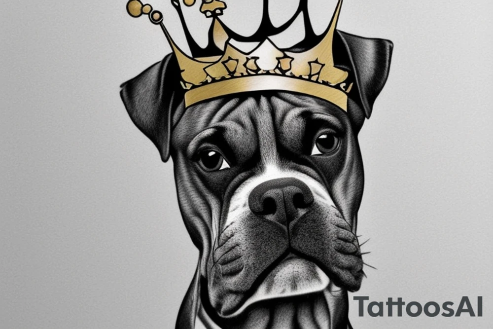 A boxer dog wearing a king’s crown and robe. tattoo idea