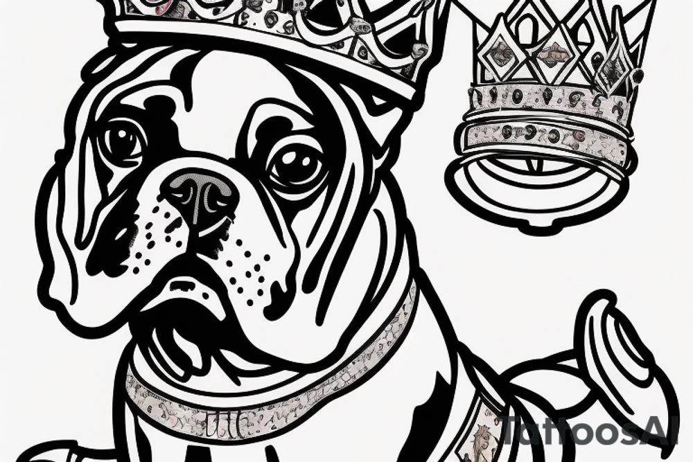A boxer dog wearing a king’s crown and robe. tattoo idea