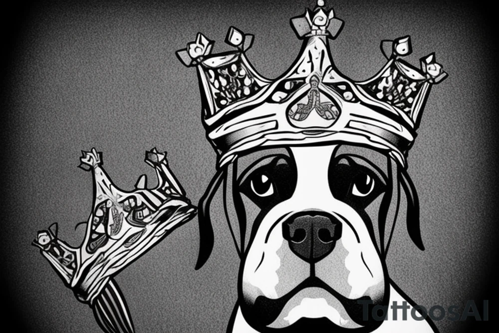 A boxer dog wearing a king’s crown and robe. tattoo idea