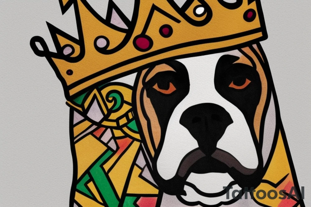 A boxer dog wearing a king’s crown and robe. tattoo idea