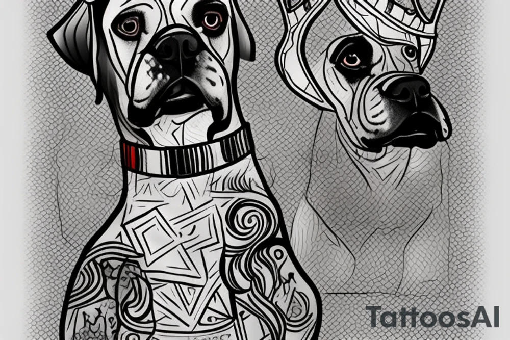 A boxer dog wearing a king’s crown and robe. tattoo idea
