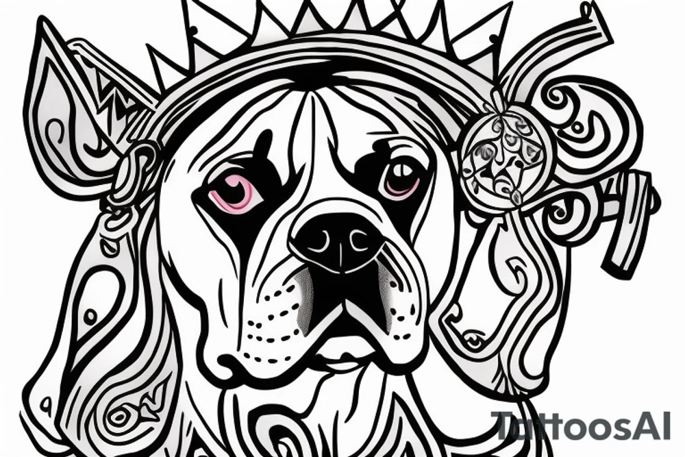 A boxer dog wearing a king’s crown and robe. tattoo idea
