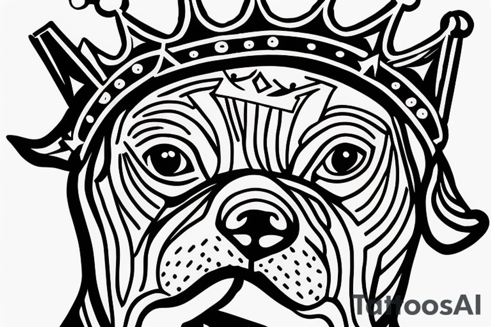 A boxer dog wearing a king’s crown and robe. tattoo idea
