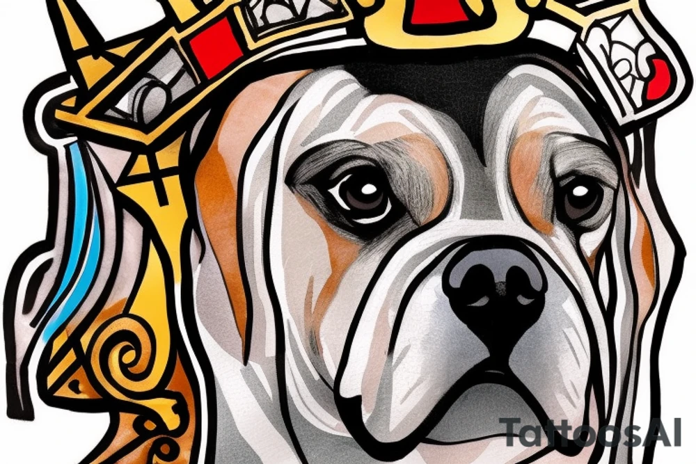 A boxer dog wearing a king’s crown and robe. tattoo idea