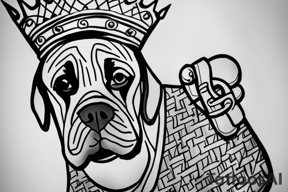A boxer dog wearing a king’s crown and robe. tattoo idea