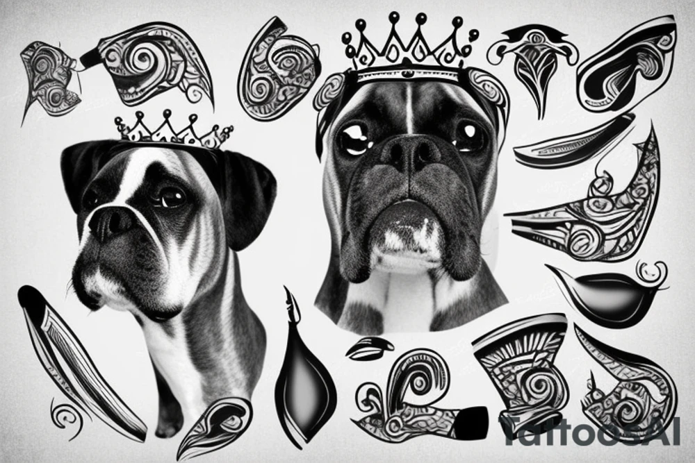 A boxer dog wearing a crown. tattoo idea