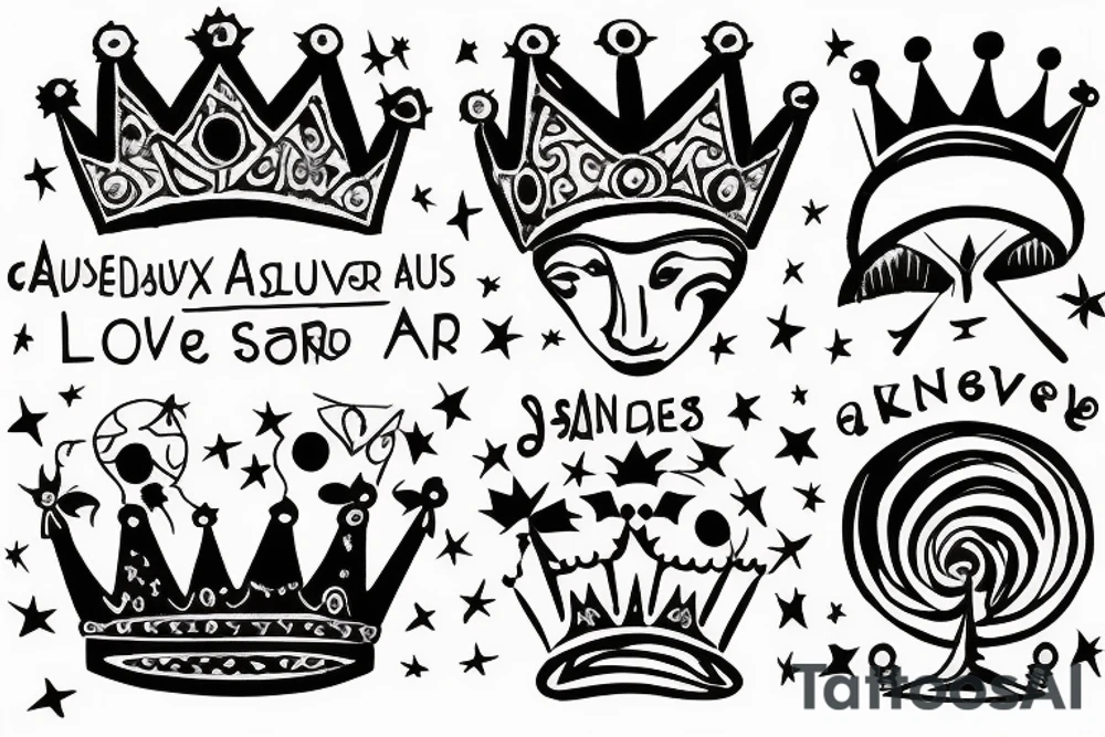A globe wearing a crown. Text: Absurdity is king, but love saves us from it. tattoo idea