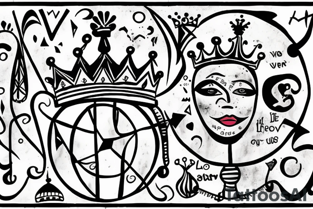 A globe wearing a crown. Text: Absurdity is king, but love saves us from it. tattoo idea