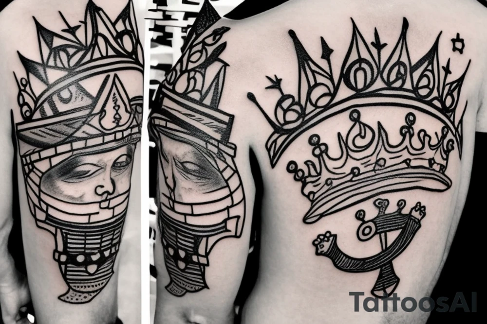 A globe wearing a crown. Text: Absurdity is king, but love saves us from it. tattoo idea