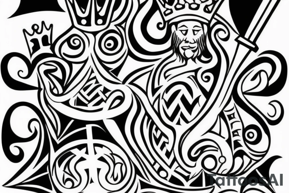 A crazy king with a crown and a throne. tattoo idea