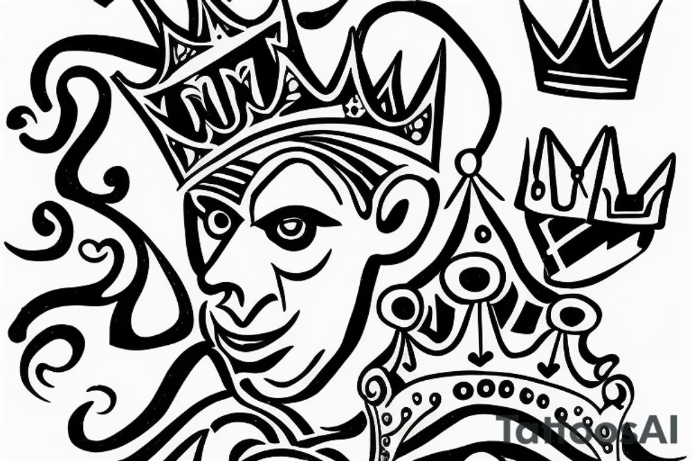 A crazy king with a crown and a throne. tattoo idea