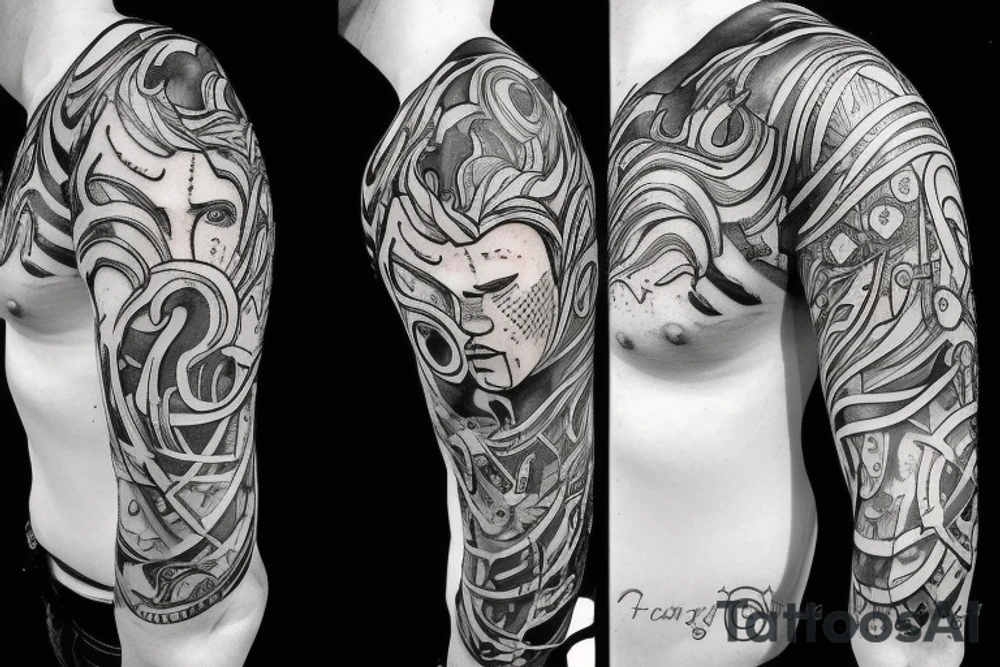 A crazy king with a crown fighting a knight with a heart. tattoo idea