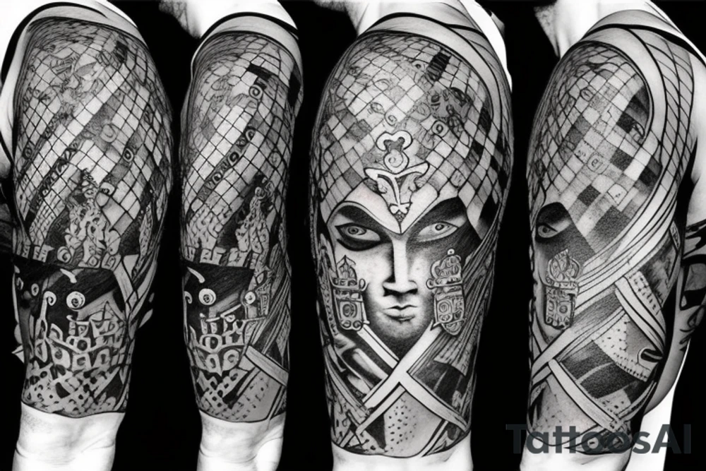 A crazy king with a crown fighting a knight with a heart. tattoo idea