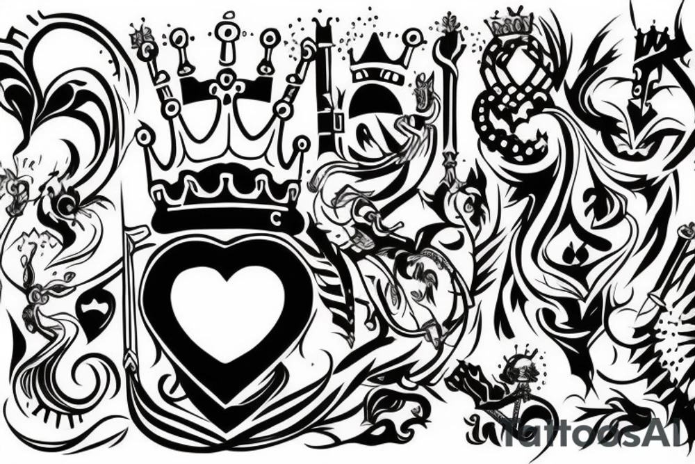 A crazy king with a crown fighting a knight with a heart. tattoo idea
