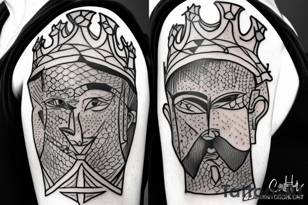 A crazy king with a crown fighting a knight with a heart. tattoo idea