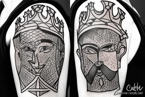 A crazy king with a crown fighting a knight with a heart. tattoo idea
