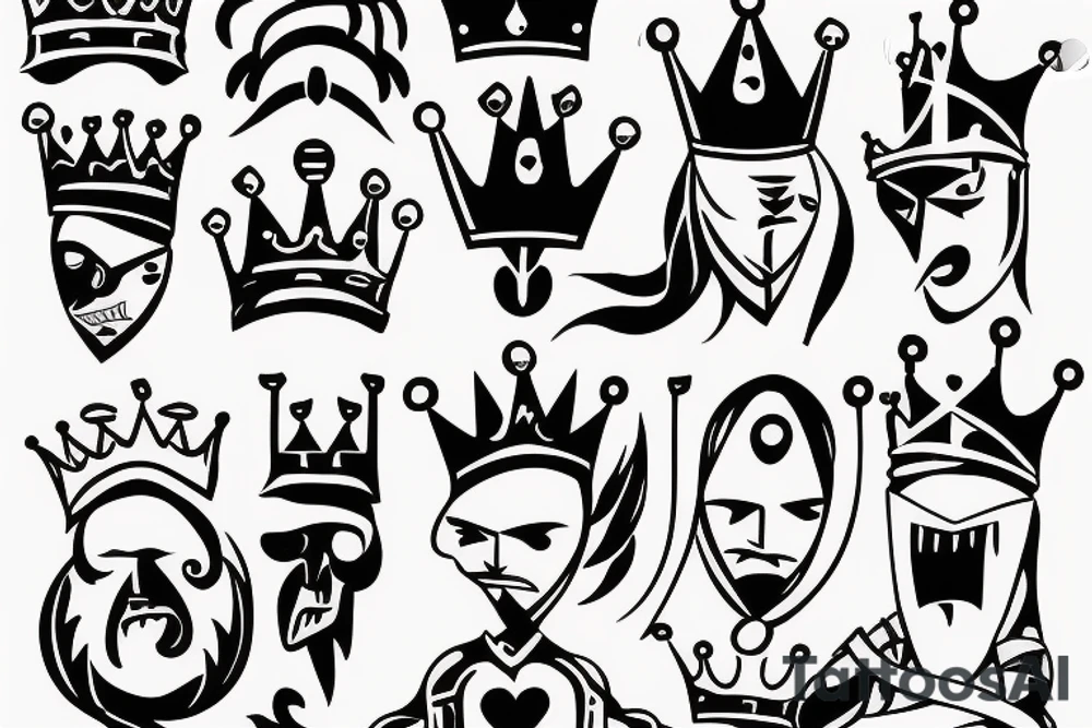 A crazy king with a crown fighting a knight with a heart. tattoo idea