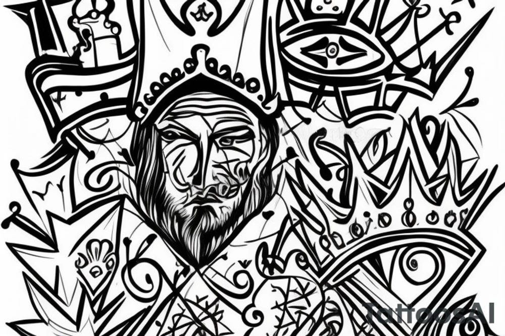 A crazy king with a crown fighting a knight with a heart. tattoo idea