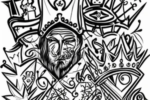 A crazy king with a crown fighting a knight with a heart. tattoo idea