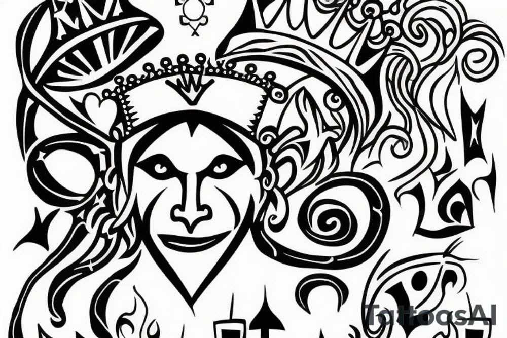 A crazy king with a crown fighting a knight with a heart. tattoo idea