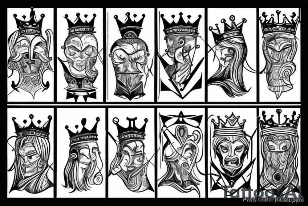 A crazy king with a crown fighting a knight with a heart. tattoo idea