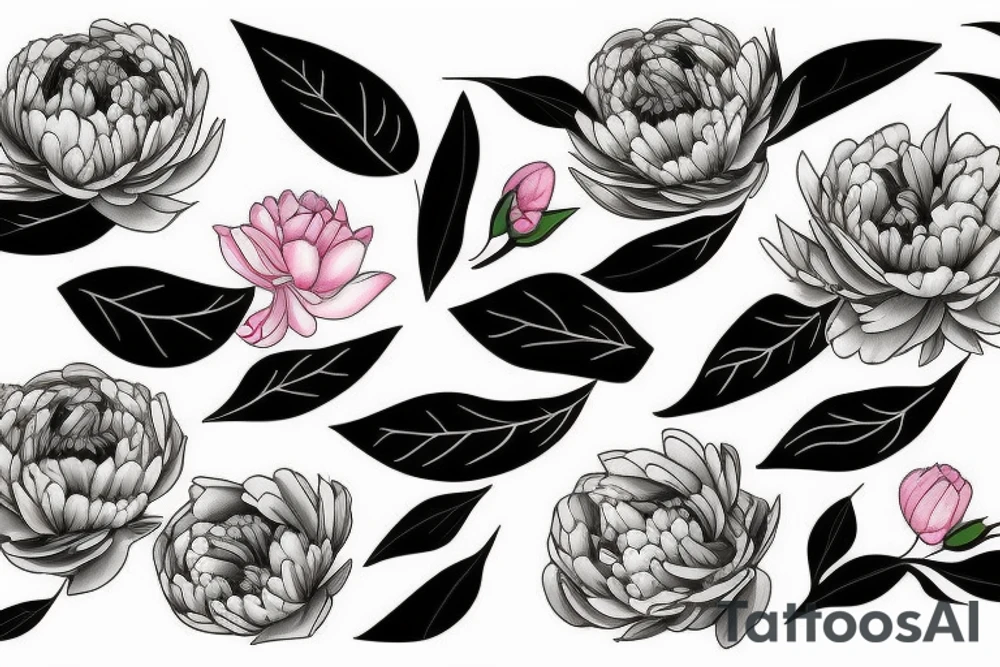Peonies Twigs with leaves tattoo idea