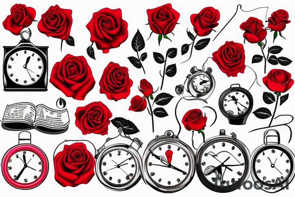 Red rose with clock tattoo idea