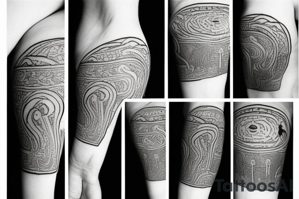 simple fine line tattoo, some viking ruins, some vikings, astro stuff tattoo idea