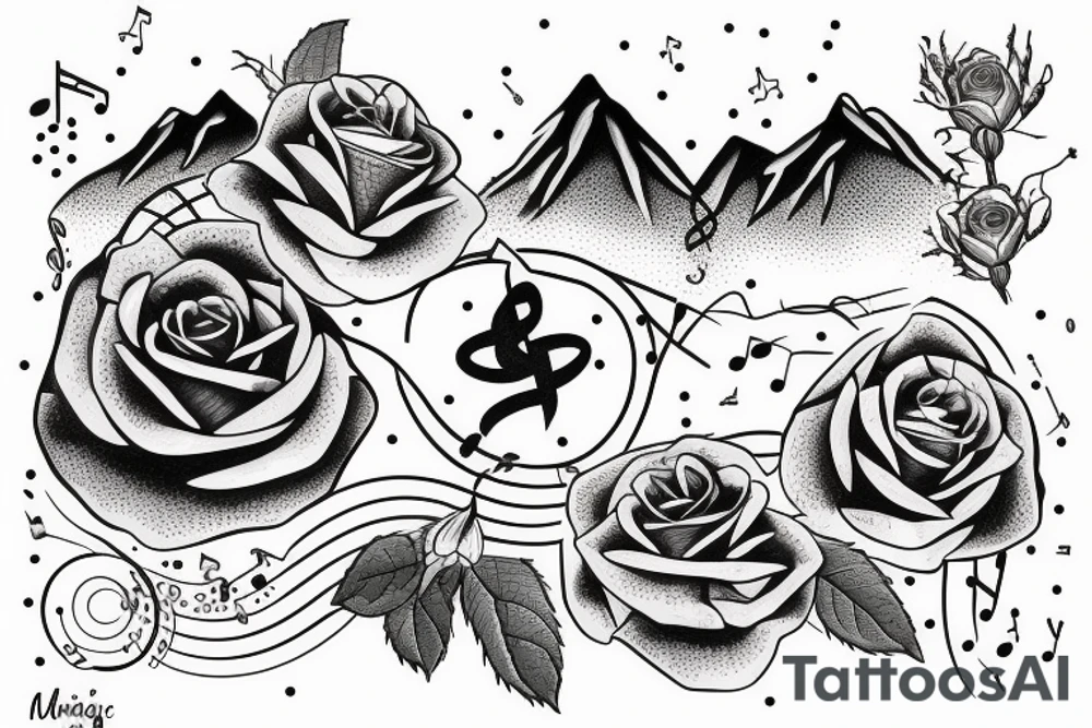 Snowy mountains, a musical symbol and a rose tattoo idea