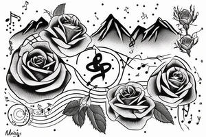 Snowy mountains, a musical symbol and a rose tattoo idea