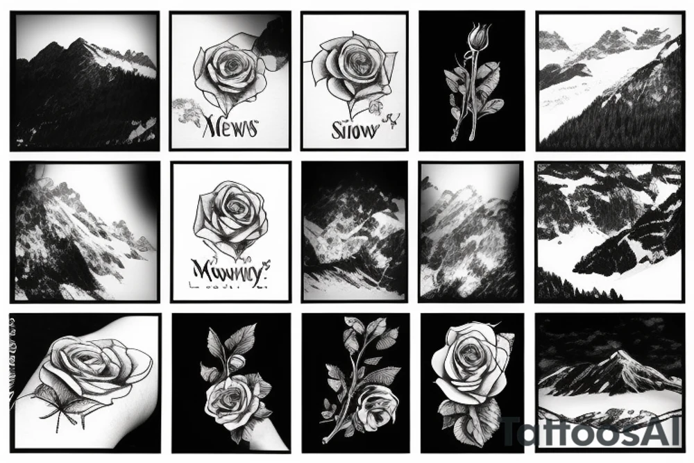 Snowy mountains, a musical symbol and a rose tattoo idea