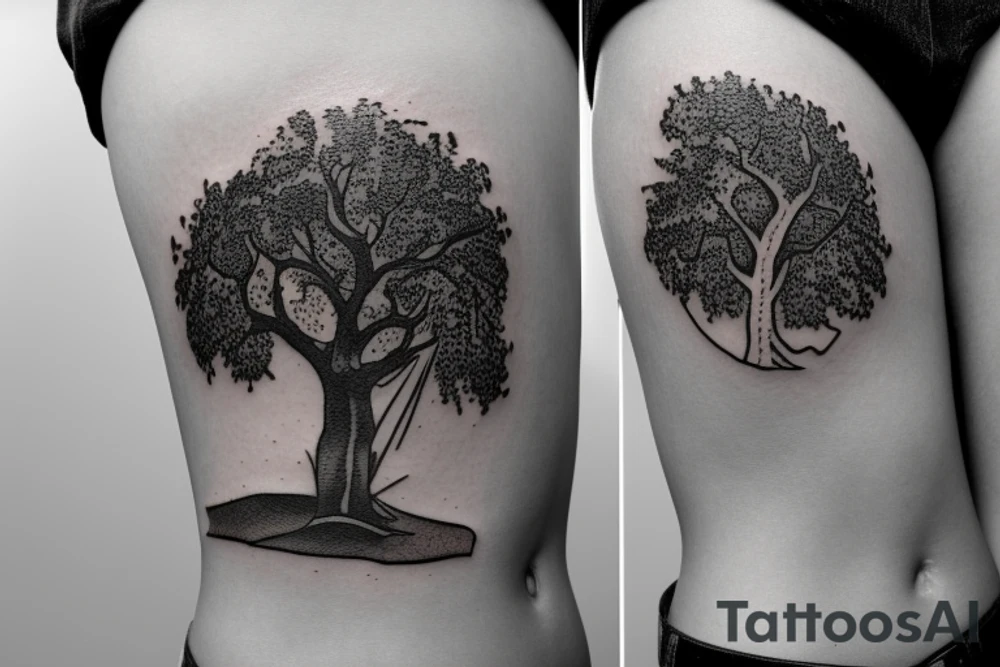 A dramatic scene from a book called the Alchemist. A sycamore tree with a boy at the bottom and a treasure chest tattoo idea