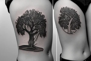 A dramatic scene from a book called the Alchemist. A sycamore tree with a boy at the bottom and a treasure chest tattoo idea