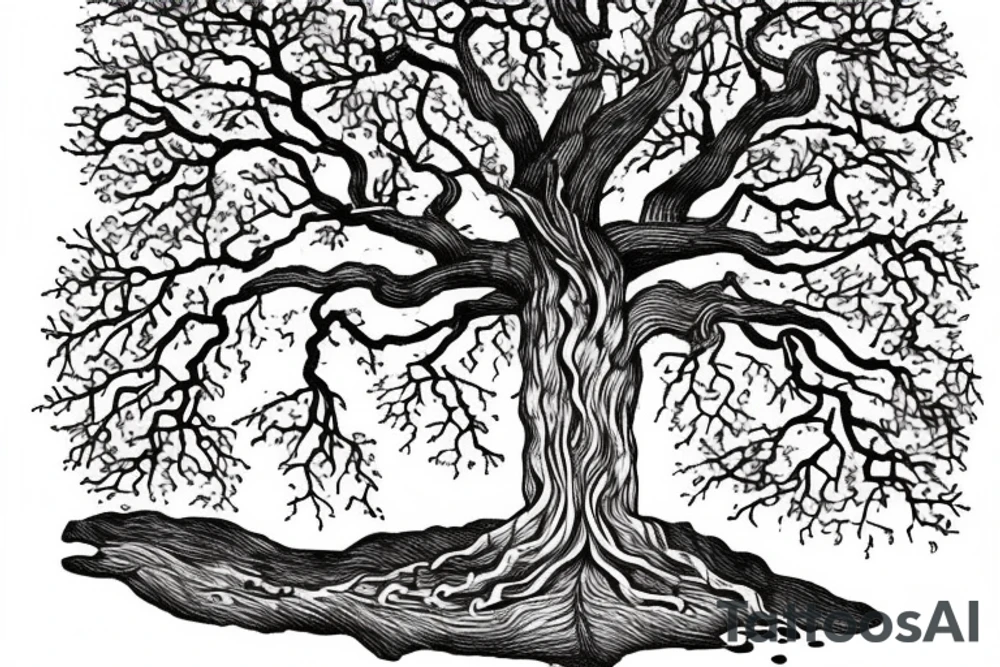 A dramatic scene from a book called the Alchemist. A sycamore tree with a boy at the bottom and a treasure chest tattoo idea