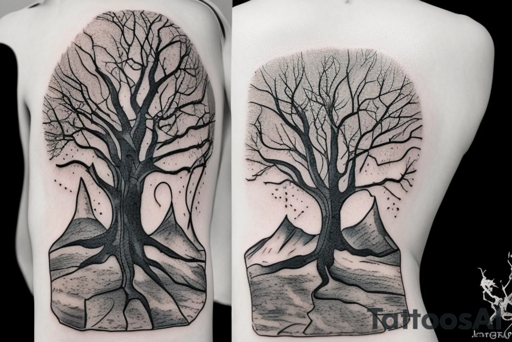 A dramatic scene from a book called the Alchemist. A sycamore tree with a boy at the bottom and a treasure chest tattoo idea