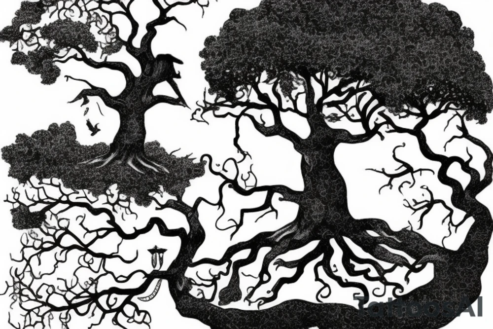 A dramatic scene from a book called the Alchemist. A sycamore tree with a boy at the bottom and a treasure chest tattoo idea